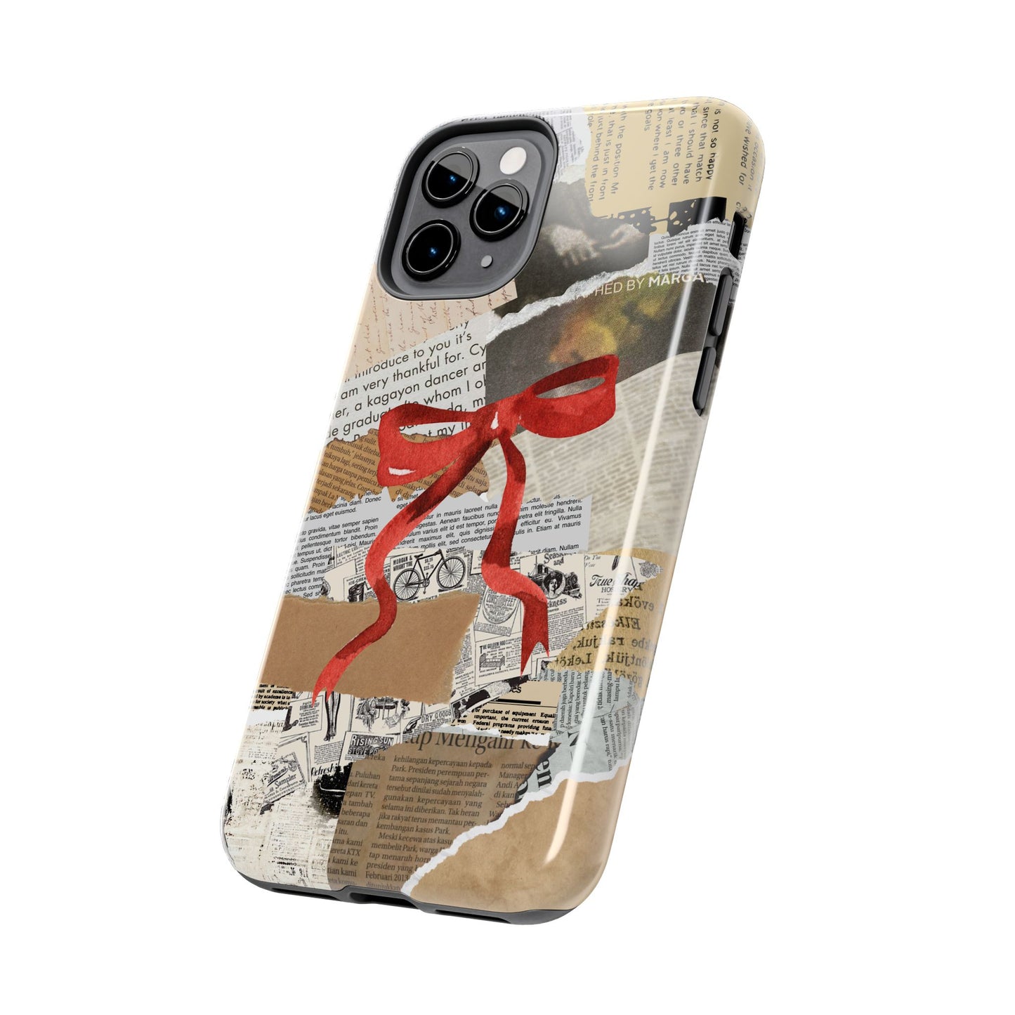 Newspaper Red Bow Phone case, iPhone 15, iPhone 14, iPhone 13, etc. Protective Tough double layered phone case. Trendy, Cute, Aesthetic Case