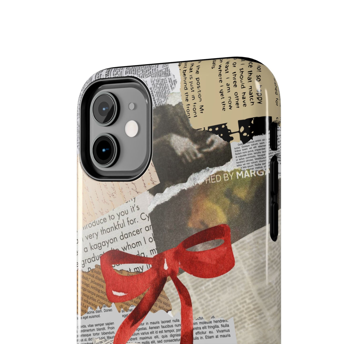 Newspaper Red Bow Phone case, iPhone 15, iPhone 14, iPhone 13, etc. Protective Tough double layered phone case. Trendy, Cute, Aesthetic Case