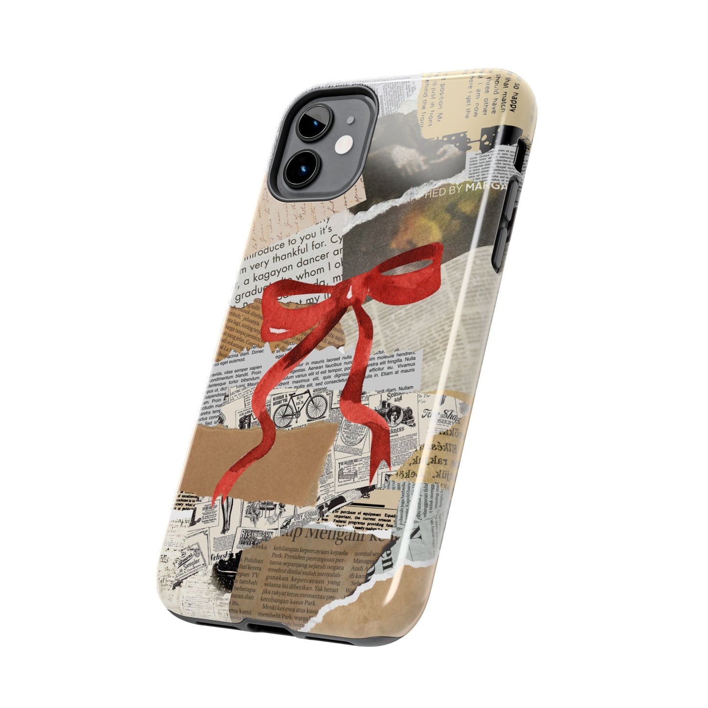 Newspaper Red Bow Phone case, iPhone 15, iPhone 14, iPhone 13, etc. Protective Tough double layered phone case. Trendy, Cute, Aesthetic Case