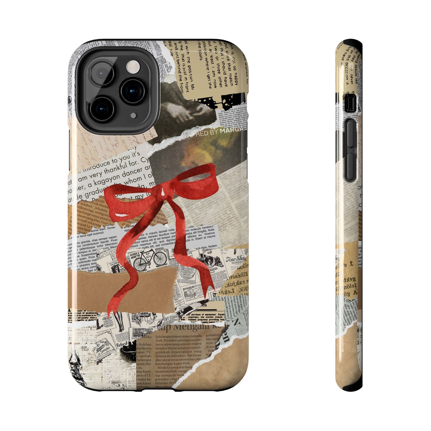 Newspaper Red Bow Phone case, iPhone 15, iPhone 14, iPhone 13, etc. Protective Tough double layered phone case. Trendy, Cute, Aesthetic Case