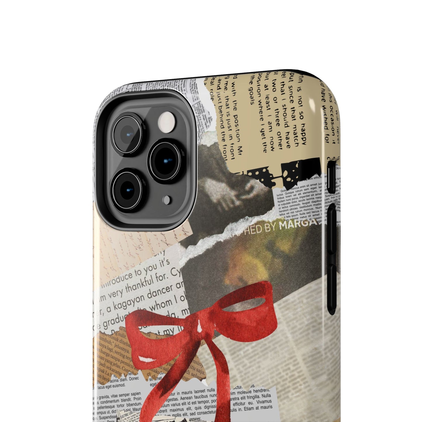 Newspaper Red Bow Phone case, iPhone 15, iPhone 14, iPhone 13, etc. Protective Tough double layered phone case. Trendy, Cute, Aesthetic Case